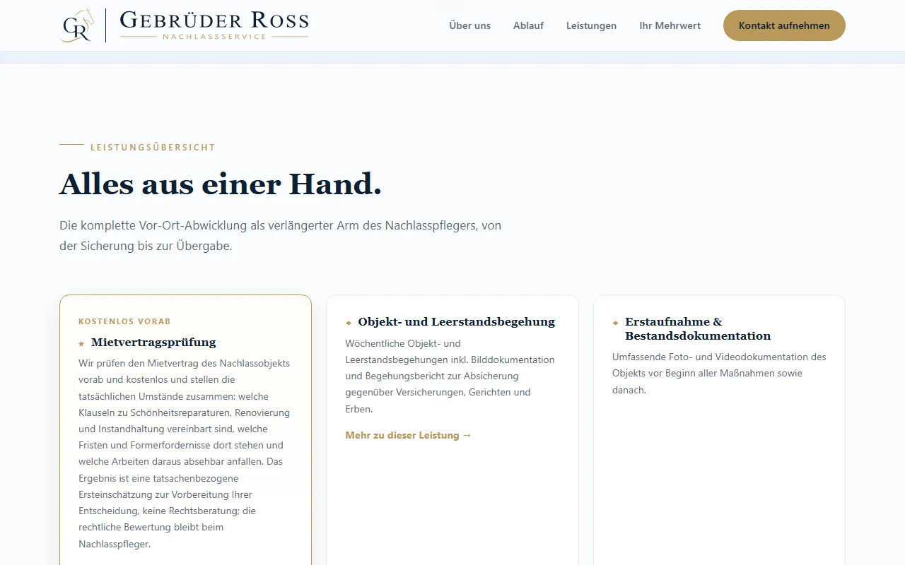 Leistungsübersicht von Gebrüder Ross mit gezielt aufklappbaren Beschreibungen