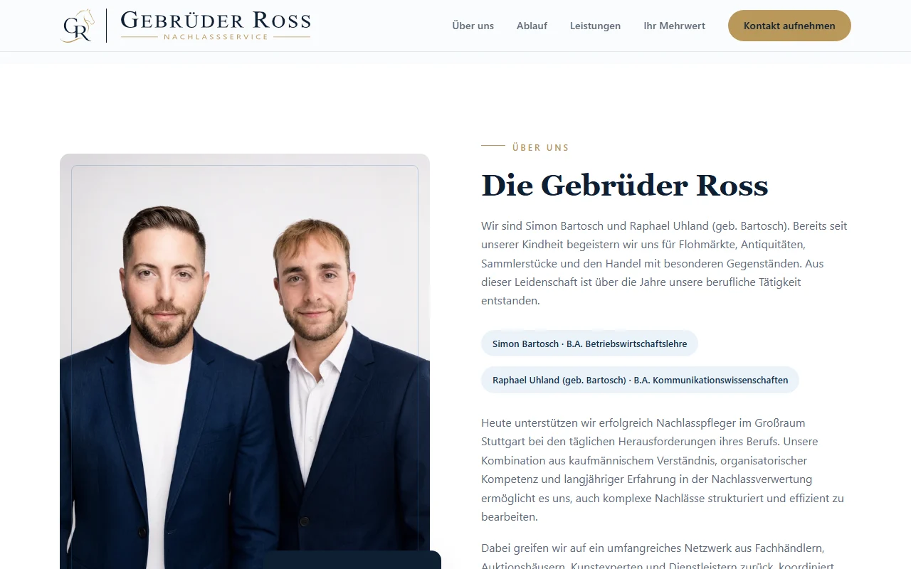 Helle Teamsektion mit der Vorstellung von Simon Bartosch und Raphael Uhland und ihrem KI-gestützt bearbeiteten Porträt