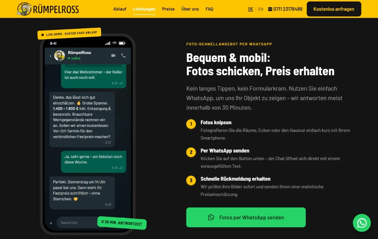 Beispielhafter WhatsApp-Dialog neben einer Erklärung zur Anfrage mit Fotos