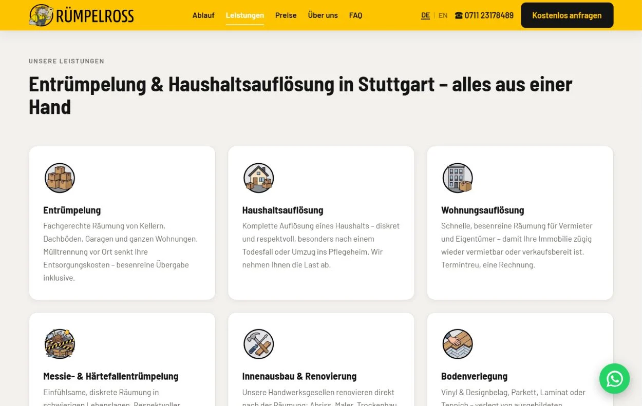 Rümpelross: sechs illustrierte Leistungen auf einer hellen Fläche mit gelber Navigation